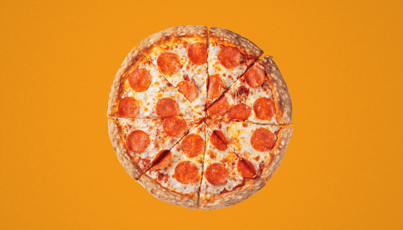 Animated GIF showing a pepperoni pizza with slices disappearing to reveal a bold, black cut-wordmark logo for Rebels Pizza against an orange background.