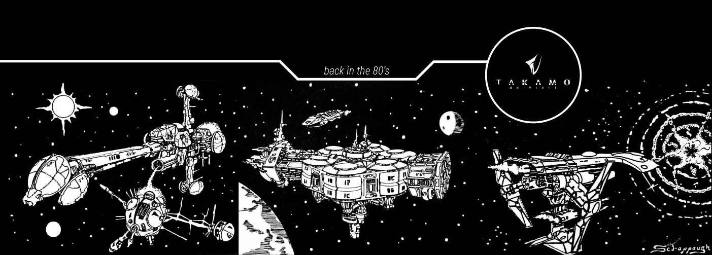 Takamo Universe original 1980s science fiction illustrations and old logo before rebranding by MVOG Studio.