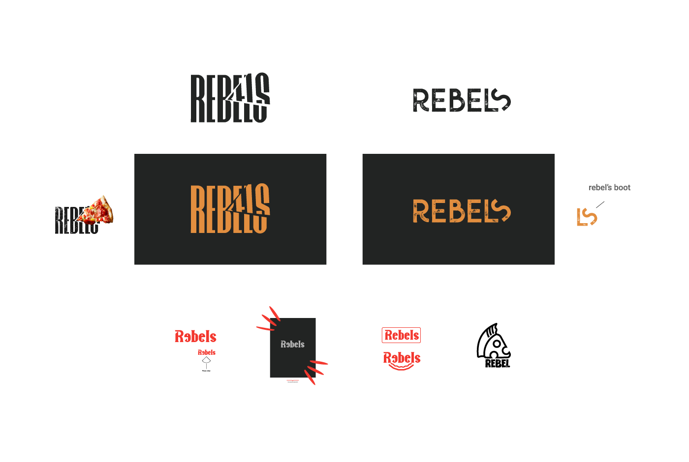 Logo design process for Rebels Pizza showing various typographic concepts, the cut-wordmark evolution, color exploration with red accents, and the "rebel's boot" secondary mark.