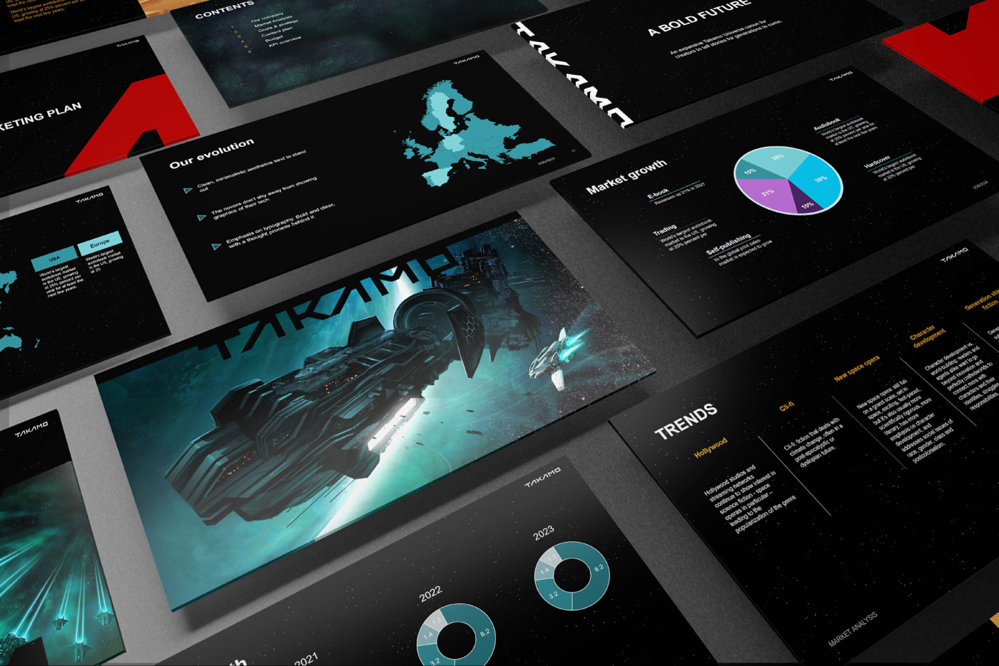 Takamo Universe PowerPoint presentation design. Marketing plan, market analysis, trends and KPI slides built within the science fiction brand identity by MVOG Studio.