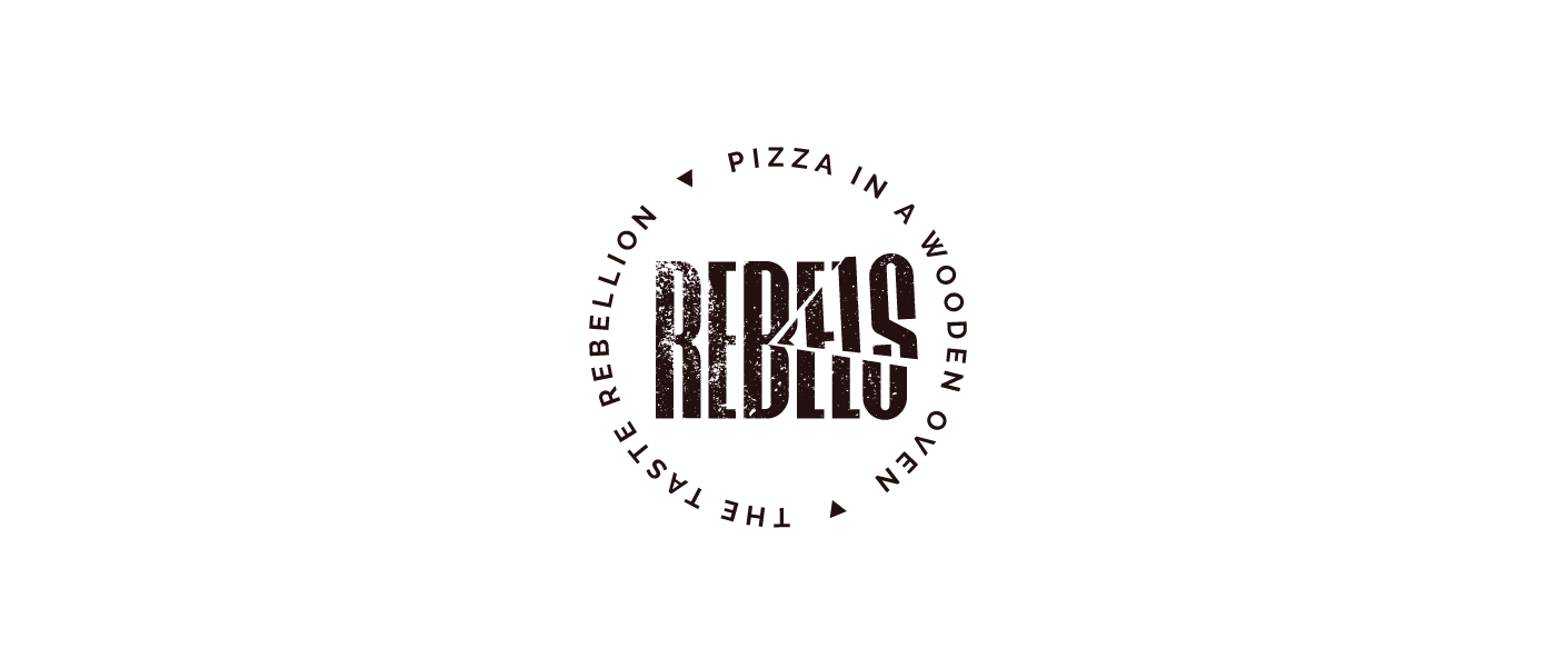 Circular badge logo design for Rebels Pizza featuring a distressed cut-typography wordmark surrounded by the text "The Taste Rebellion" and "Pizza In A Wooden Oven".