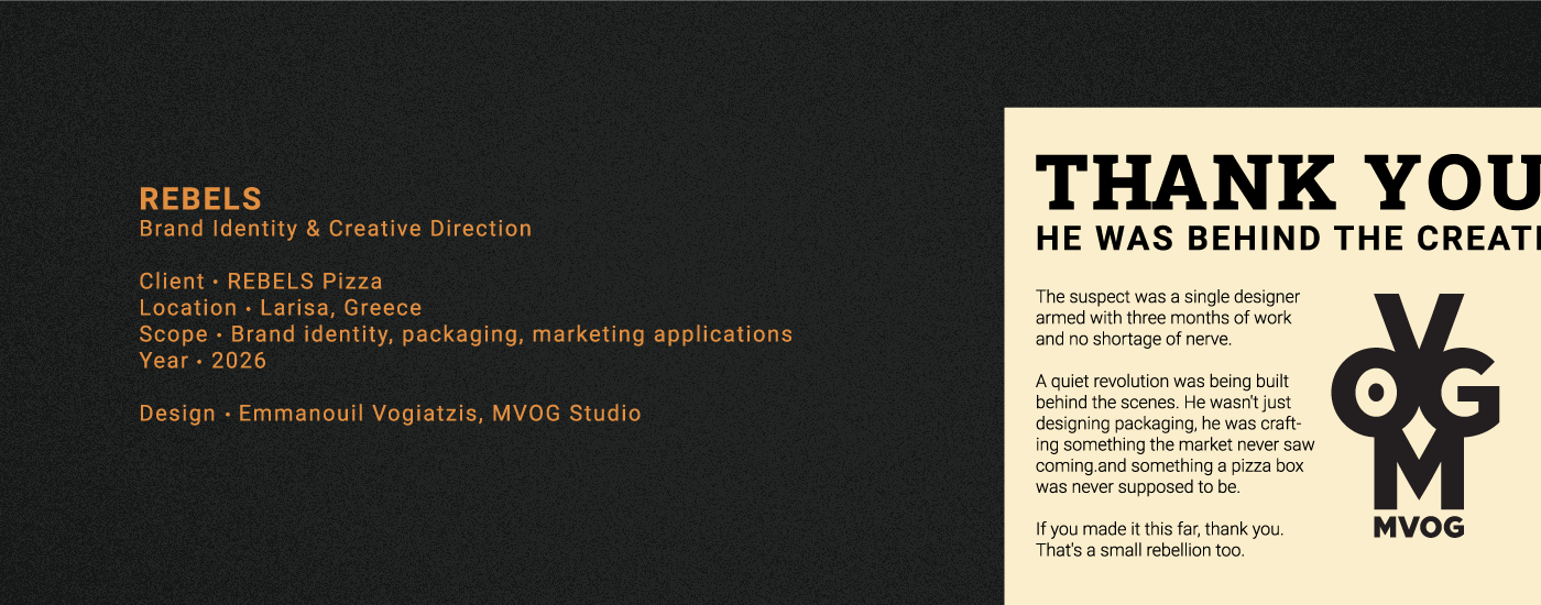 Closing credits block for REBELS Pizza case study by MVOG Studio, featuring project details, 2026 scope, and the studio logo on a dark textured background.