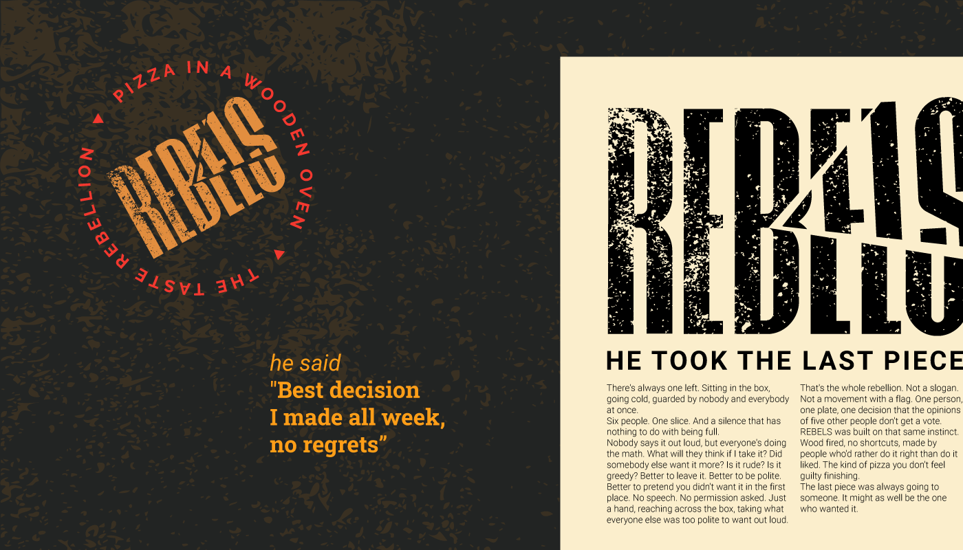 Editorial print layout for Rebels Pizza featuring a dark textured page with an orange badge logo next to a light page with the primary bold wordmark and a brand manifesto titled "He Took The Last Piece."