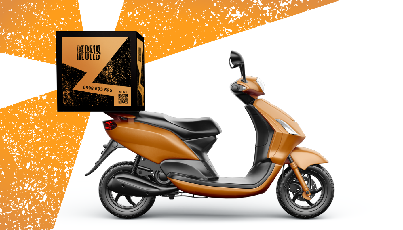 Orange delivery scooter featuring a custom branded black box for REBELS pizza with cut-wordmark logo and QR code menu.