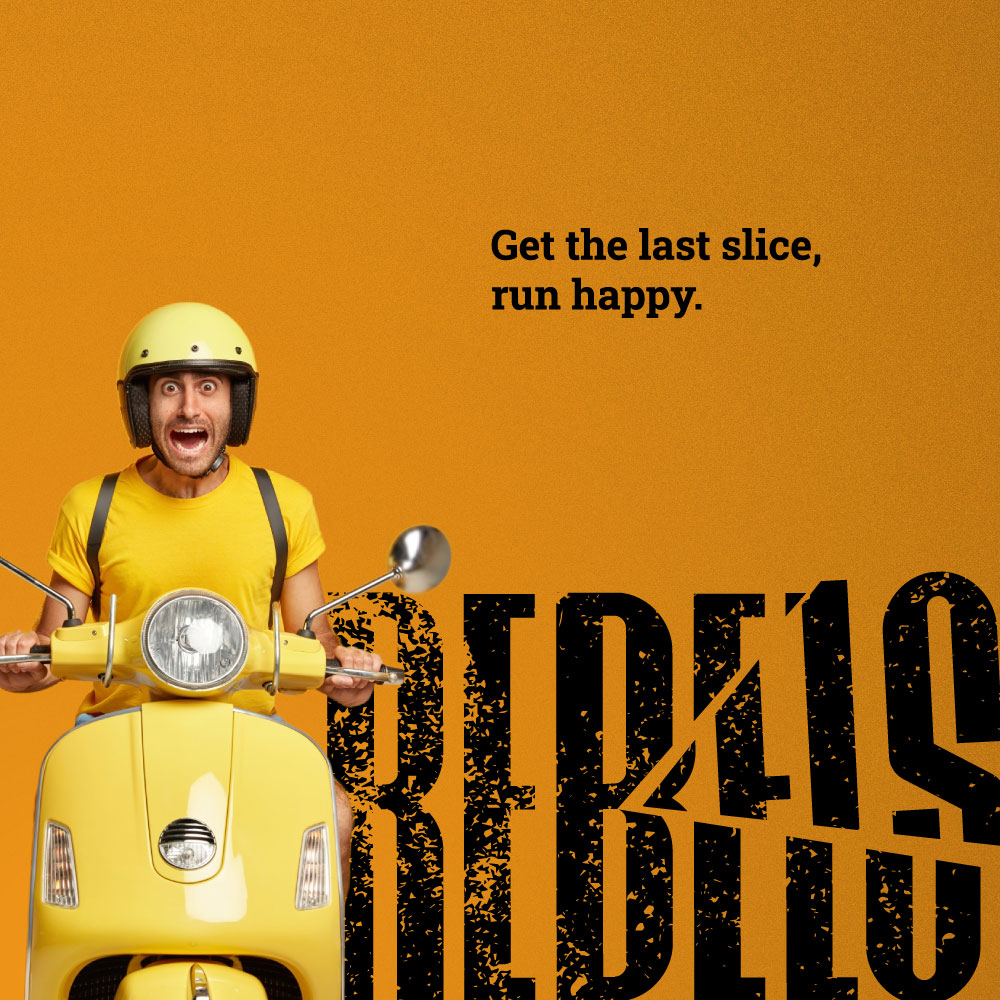 A dynamic campaign ad for REBELS Pizza showing an ecstatic delivery driver in a yellow helmet on a scooter, next to the bold, grunge-textured black cut-wordmark logo against an orange background. Brand identity designed by MVOG Studio.