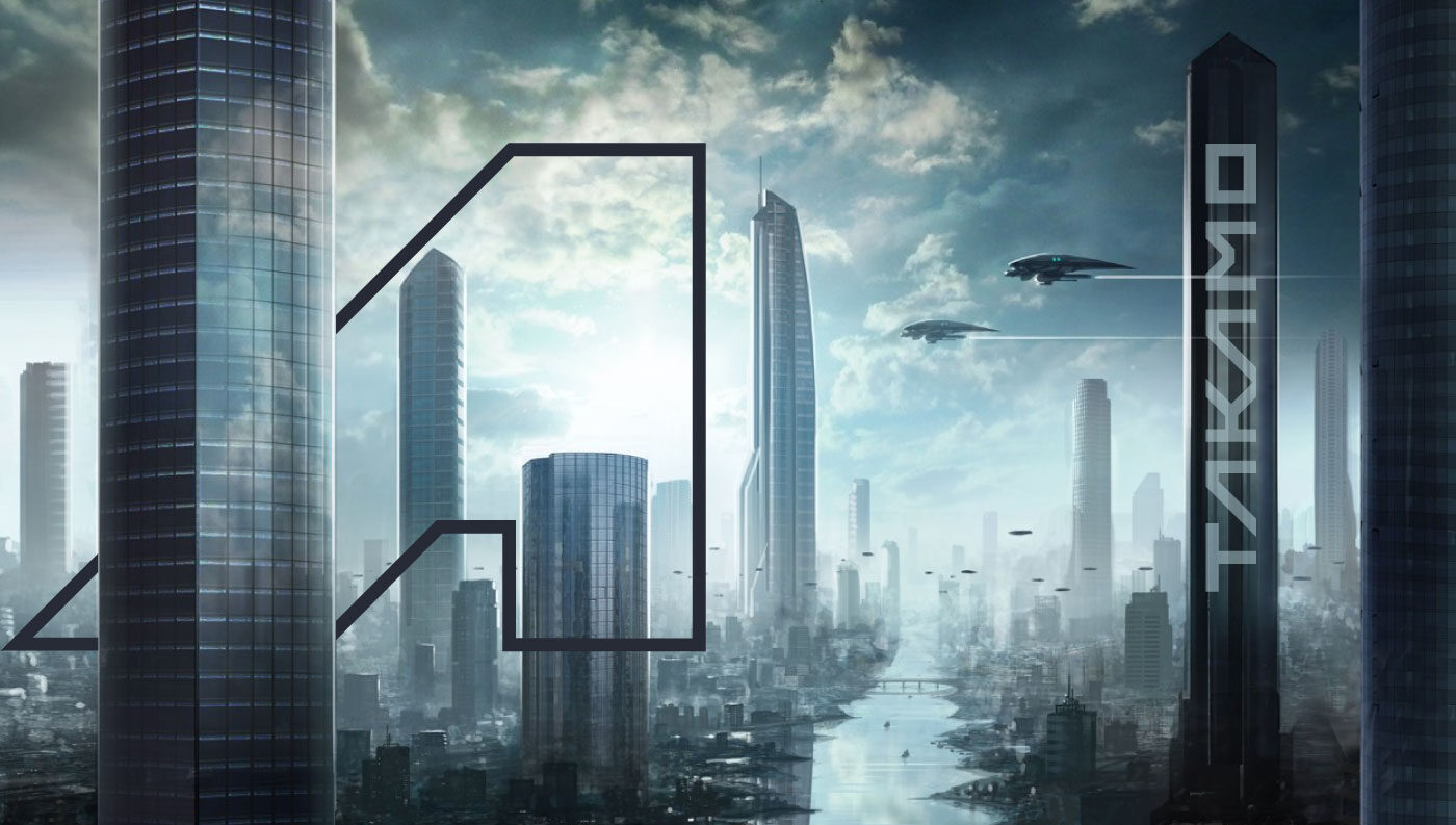 Takamo Universe science fiction brand identity. Futuristic city skyline with spacecraft and custom logo mark by MVOG Studio.