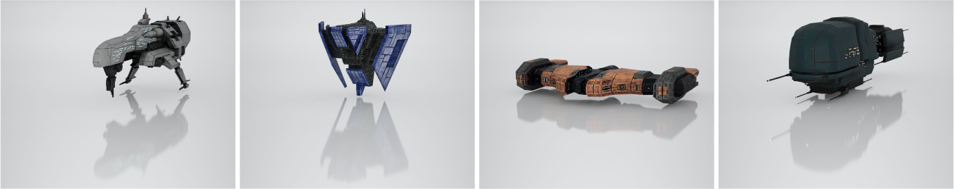Takamo Universe 3D faction spacecraft models. Four distinct ship designs each representing a different faction within the science fiction brand identity system by MVOG Studio.