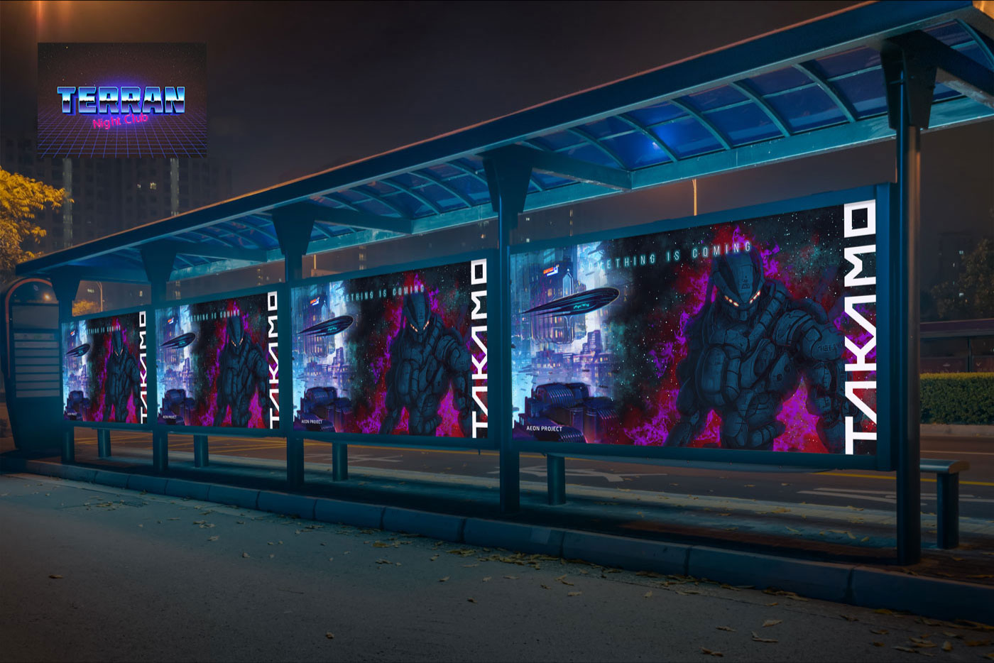 Takamo Universe Aeon Project outdoor advertising campaign. Bus shelter poster series with science fiction brand identity applied to out of home advertising by MVOG Studio.