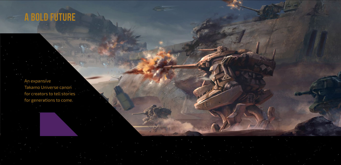 Takamo Universe Bold Future website section. Epic combat scene with mechs and spacecraft showcasing the scale of the science fiction universe. Website design by MVOG Studio.