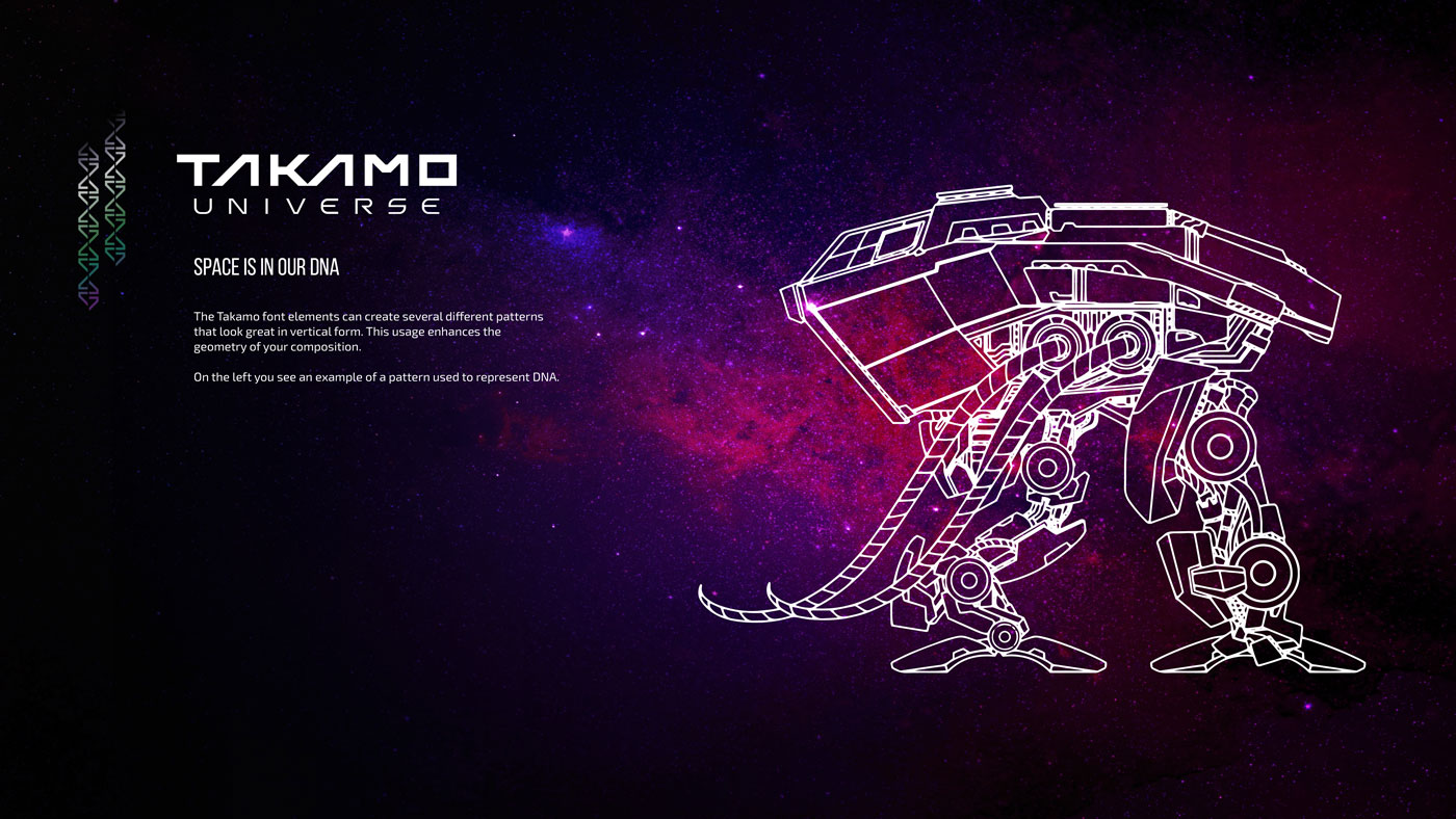 Takamo Universe brand guidelines showing custom typography pattern used as DNA visual element. Brand identity system by MVOG Studio.