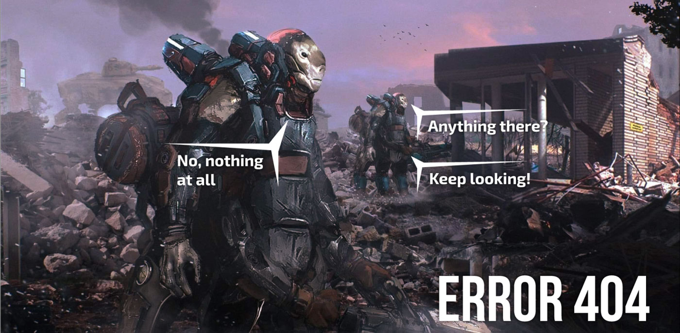 Takamo Universe custom 404 error page design. Science fiction soldiers searching through ruins with humorous brand voice by MVOG Studio.