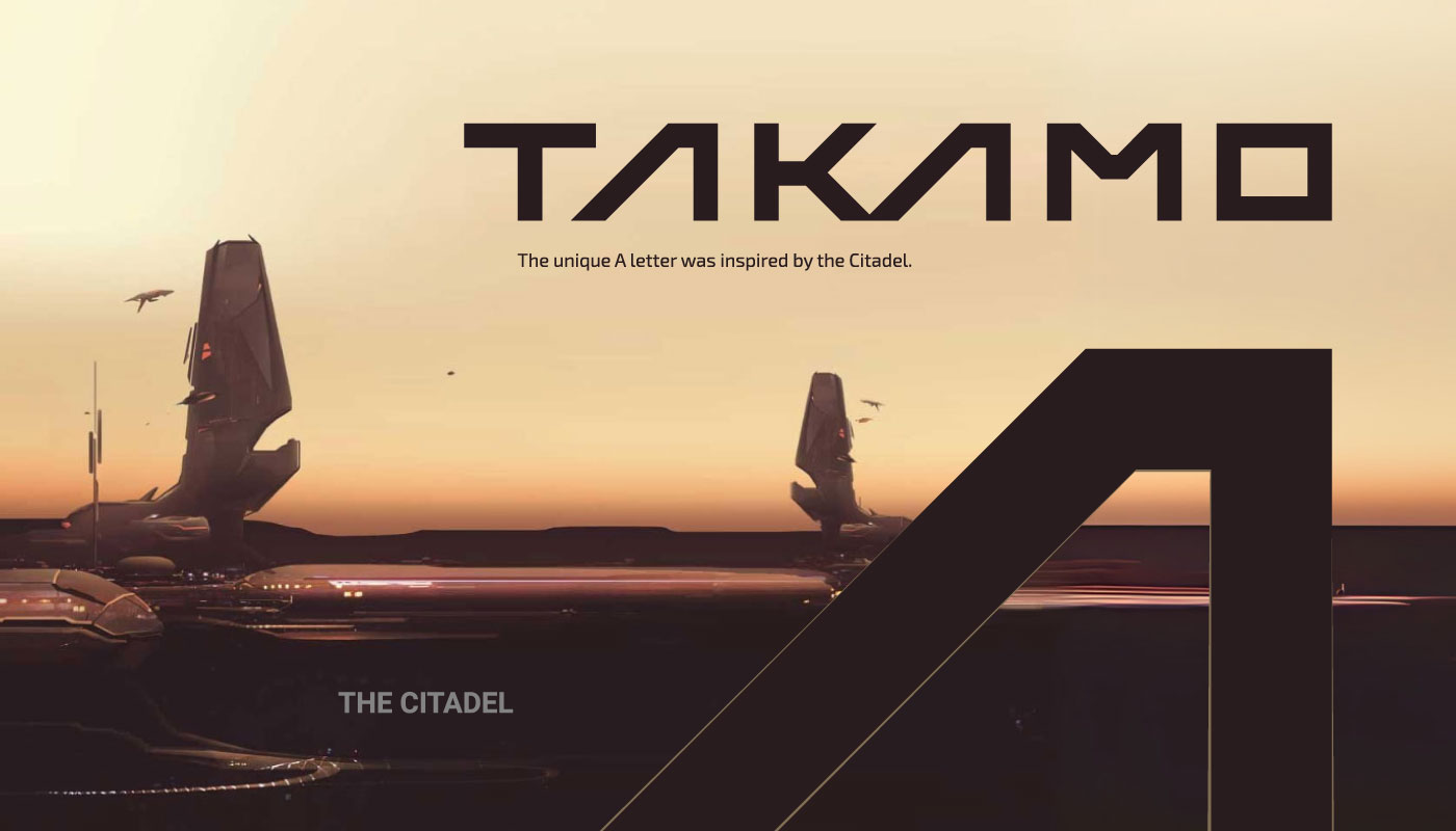 Takamo Universe custom logo typography. The letter A inspired by the Citadel structure in the science fiction universe. Logo design by MVOG Studio.