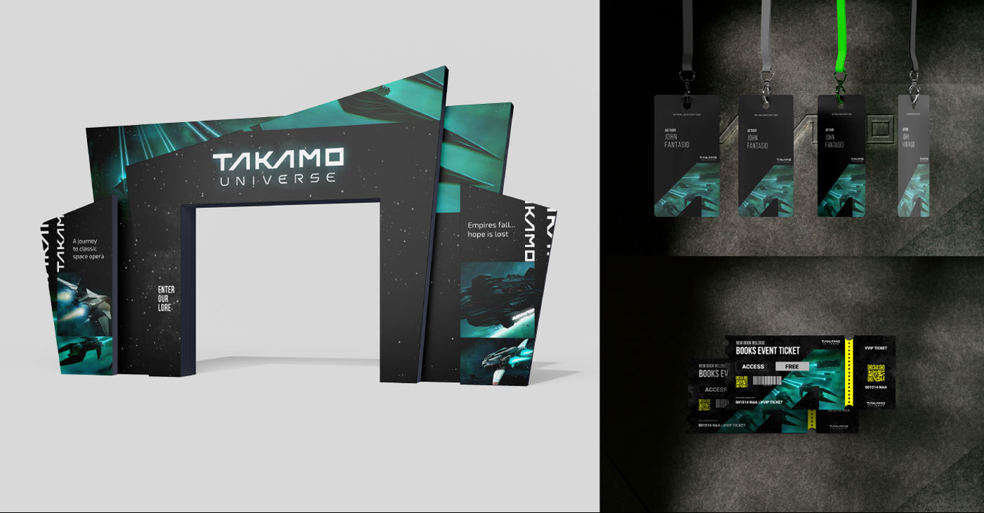 Takamo Universe event booth design, author lanyards and books event ticket design. Brand identity applied to live event materials by MVOG Studio.