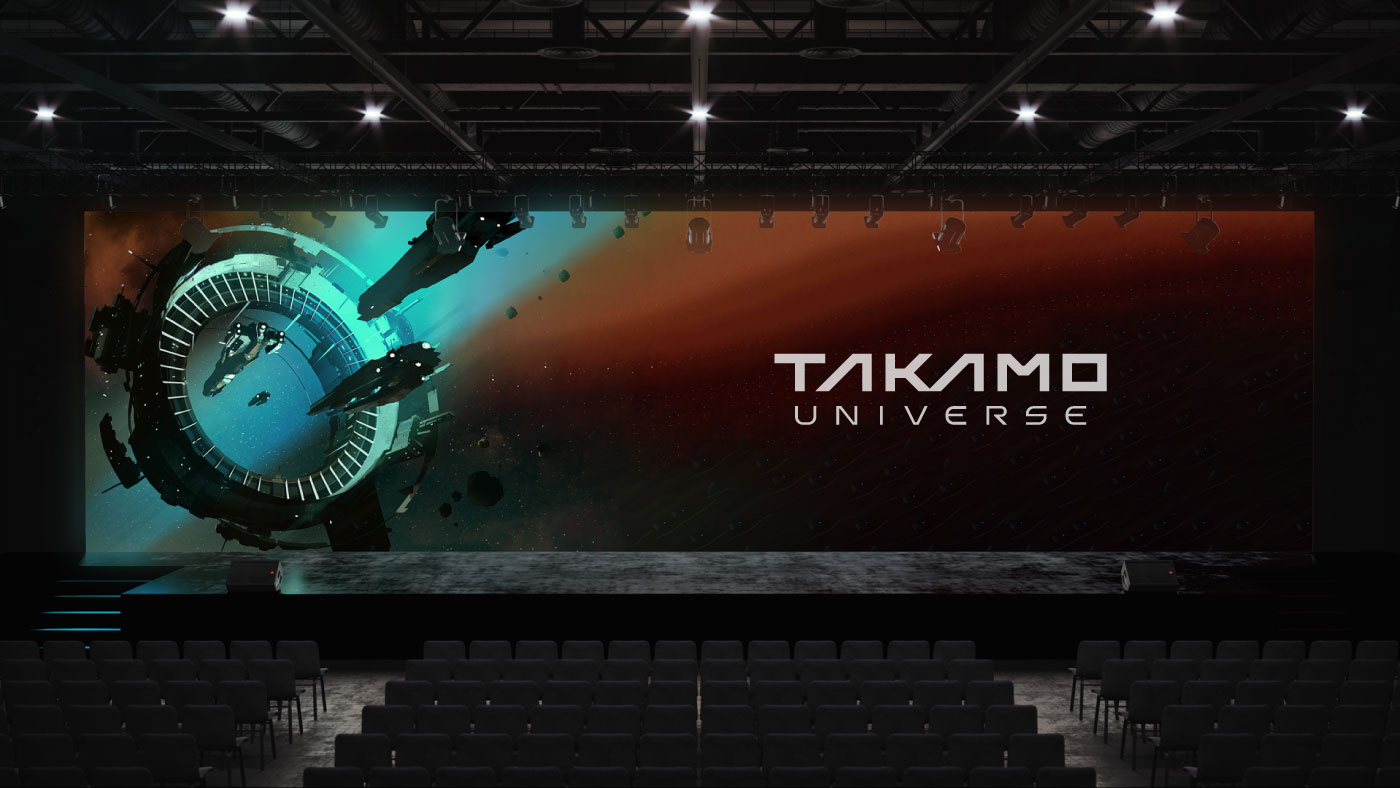 Takamo Universe brand identity on large format event stage screen. Science fiction logo and visual system applied to live event presentation by MVOG Studio.