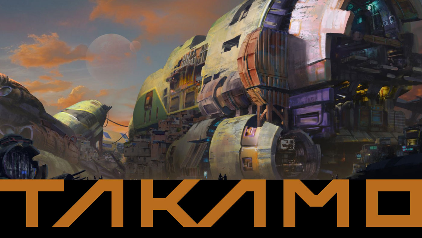 Takamo Universe faction logo in orange colour variation against alien planet landscape. Brand identity colour system by MVOG Studio.