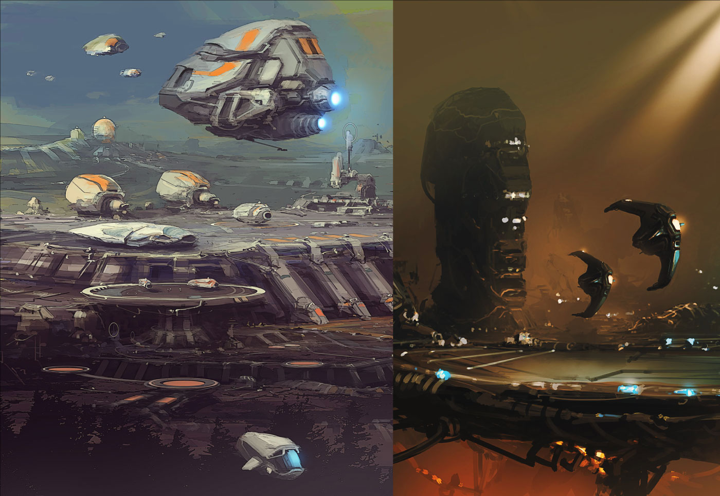 Takamo Universe faction spacecraft and alien planet surface environments. Science fiction brand visuals developed as part of the visual identity system by MVOG Studio.