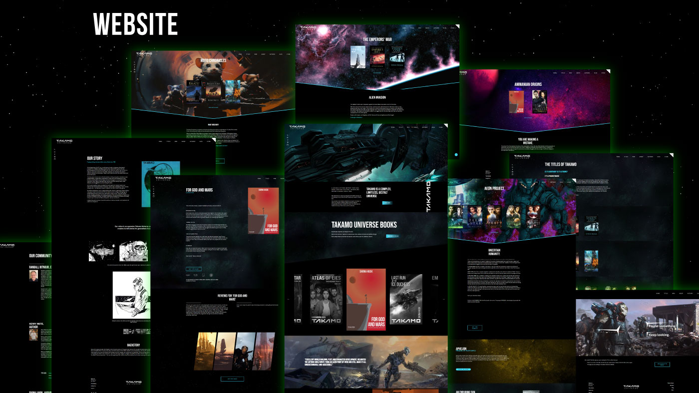 Takamo Universe full Squarespace website design overview. Multiple pages including books, community, story and titles sections designed by MVOG Studio.