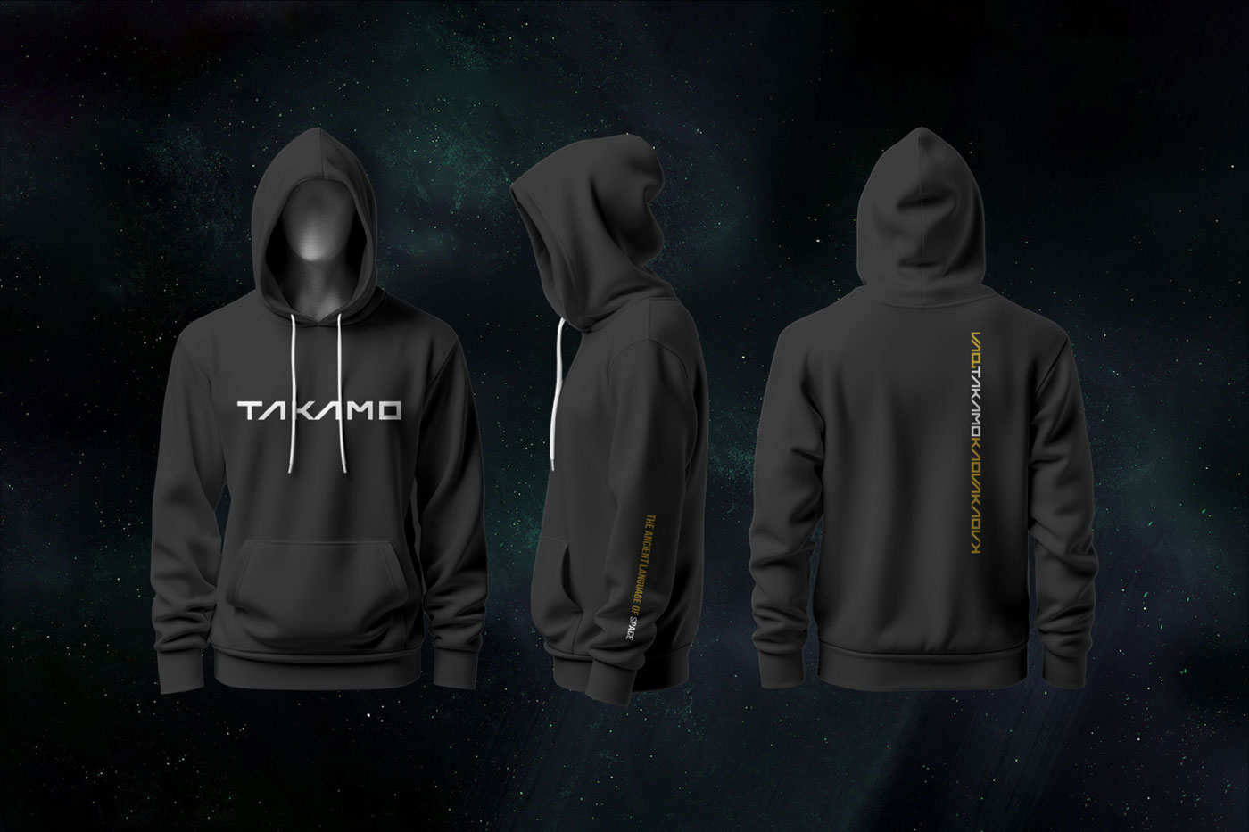Takamo Universe branded hoodie merchandise. Front wordmark, sleeve tagline and back repeating pattern in gold. Brand identity apparel design by MVOG Studio.