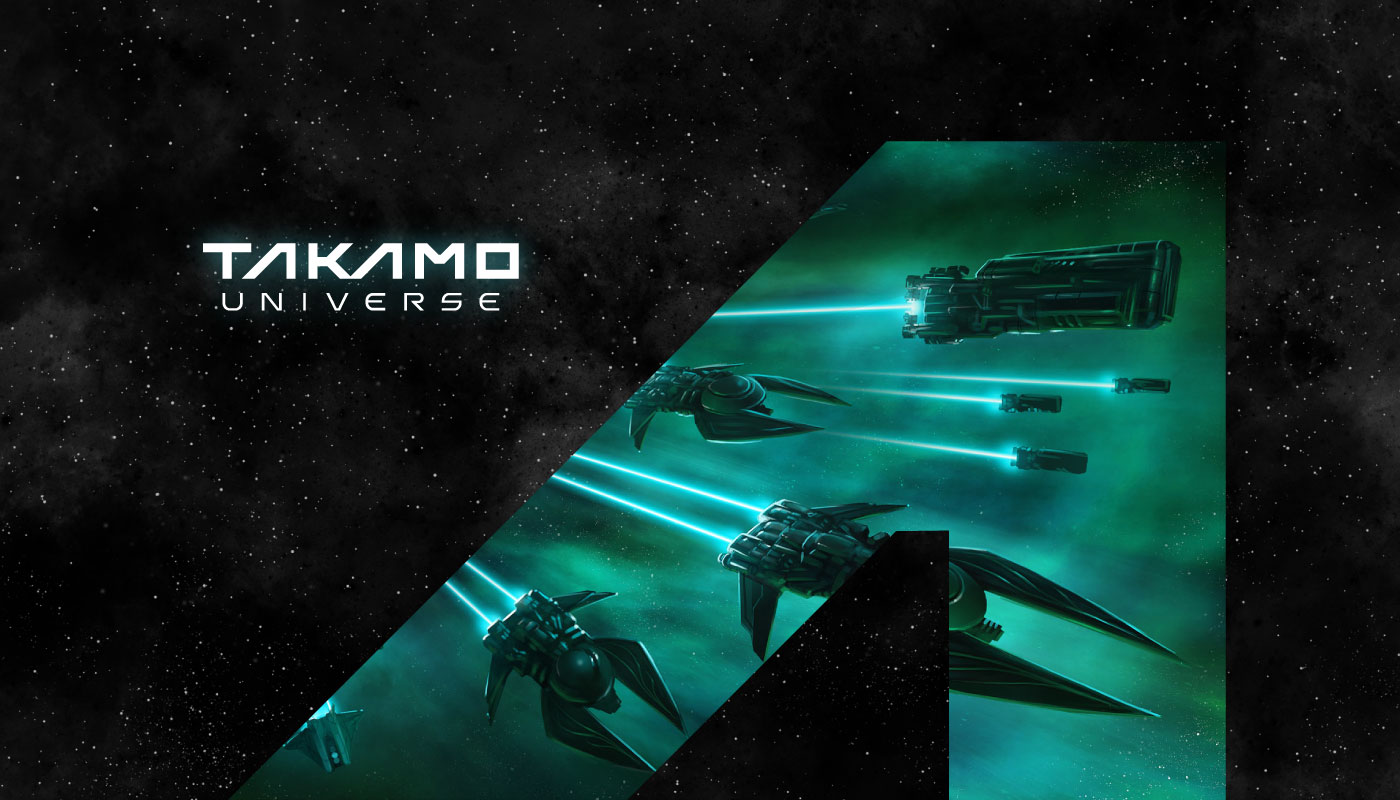 Takamo Universe logo and favicon design alongside science fiction spacecraft visuals. Brand identity by MVOG Studio.