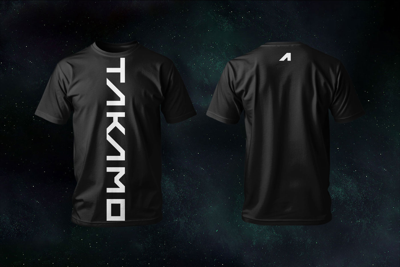 Takamo Universe branded t-shirt merchandise. Custom typography applied vertically on front with A lettermark on back. Brand identity apparel design by MVOG Studio.