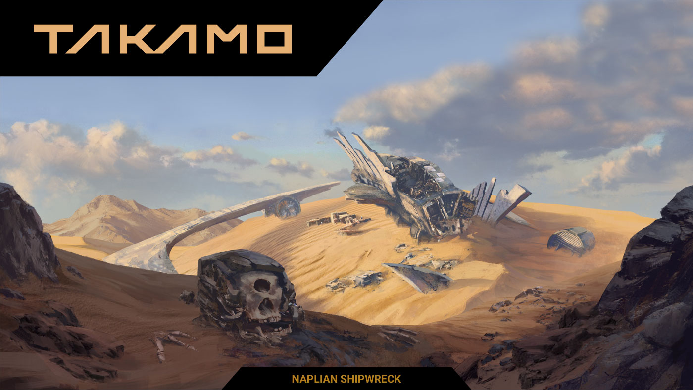 Takamo Universe Naplian Shipwreck scene on a desert planet. Science fiction brand visual with custom logo mark by MVOG Studio.