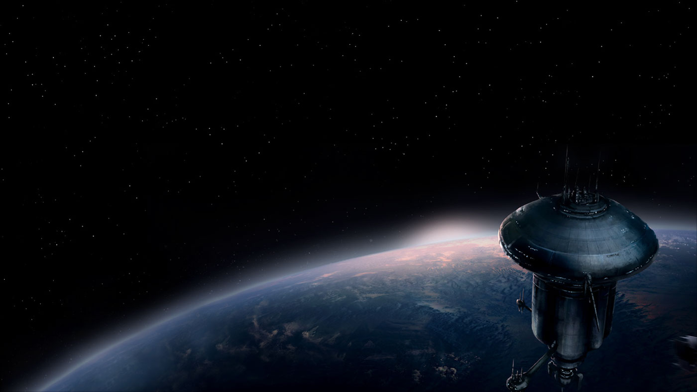 Takamo Universe orbital space station above a planet atmosphere. Cinematic brand visual from the science fiction identity system by MVOG Studio.