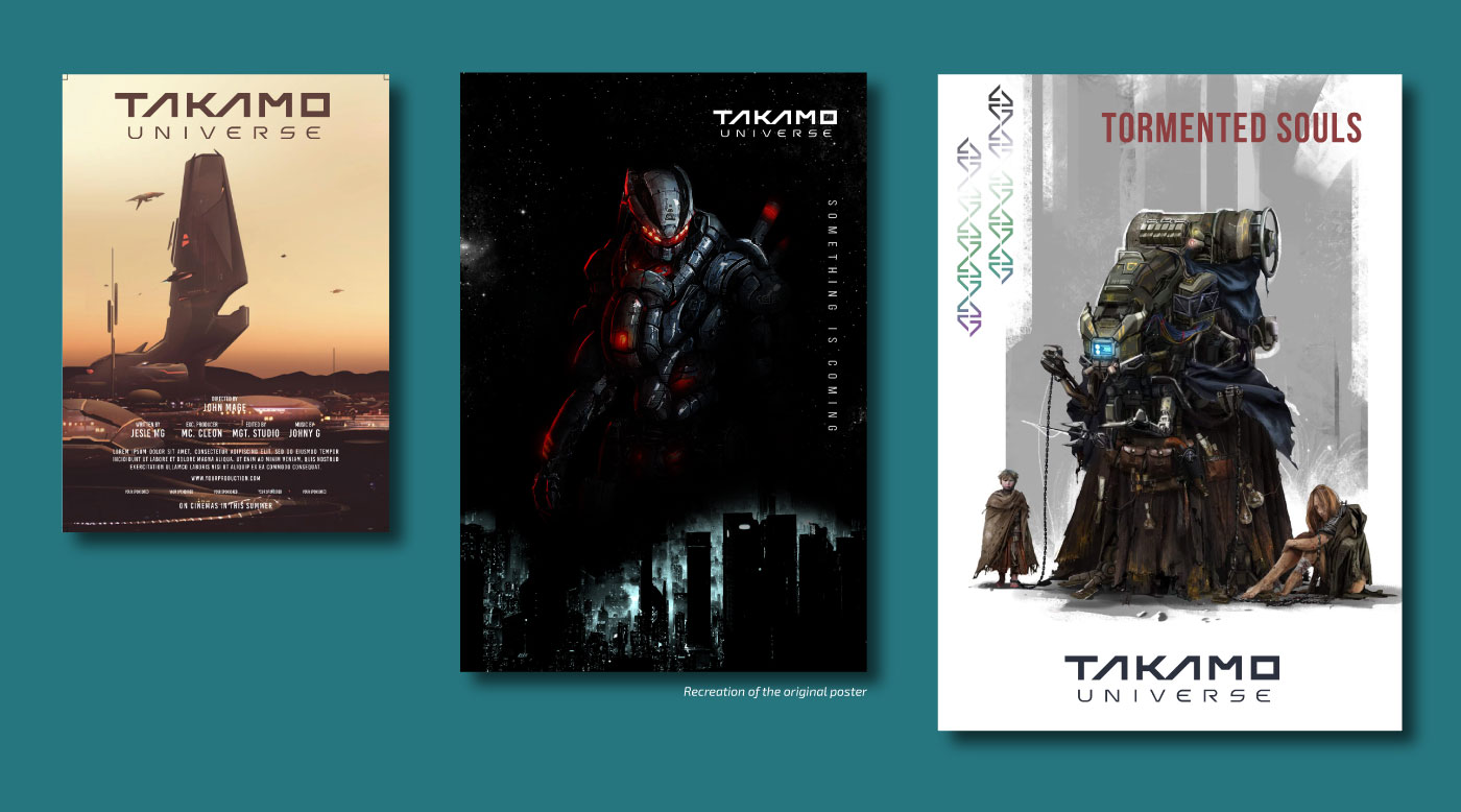 Takamo Universe poster design series. Film style poster, Something Is Coming campaign poster and Tormented Souls book cover poster by MVOG Studio.