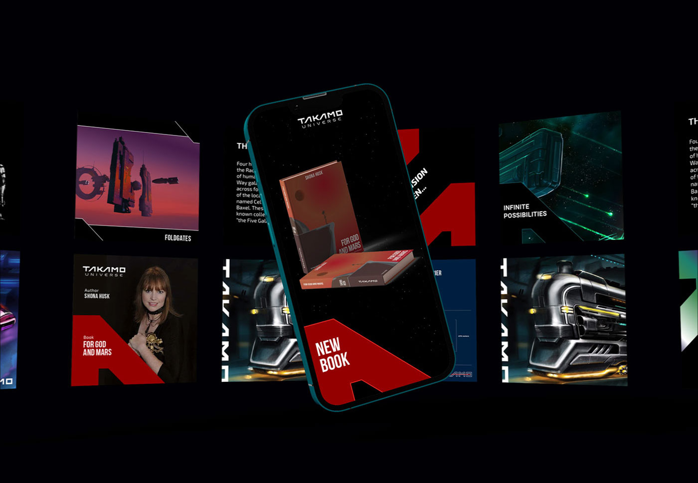 Takamo Universe social media templates and mobile brand identity. Custom post designs for book launches, game updates and universe content by MVOG Studio.