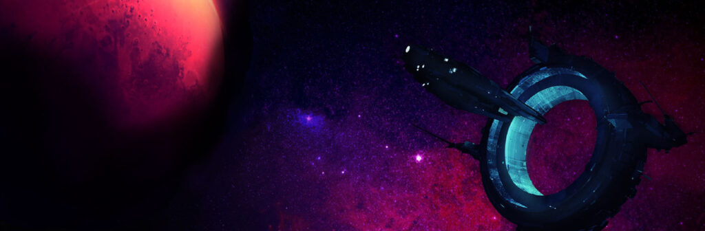 Takamo Universe science fiction space station and planet key visual. Brand identity atmospheric imagery by MVOG Studio.
