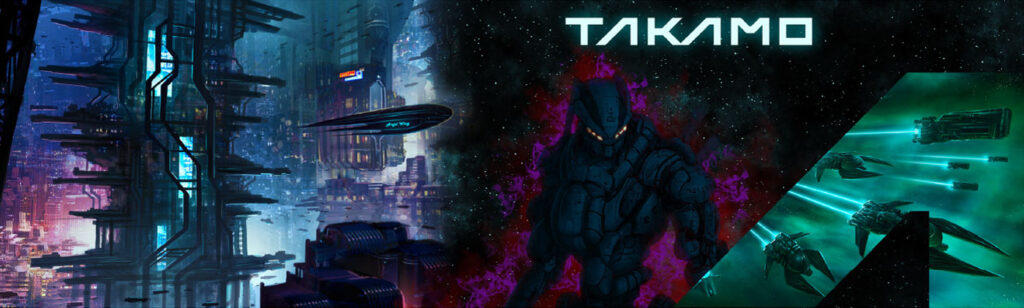 Takamo Universe website banner showing futuristic city, combat character and spacecraft. Brand identity applied to web design by MVOG Studio.