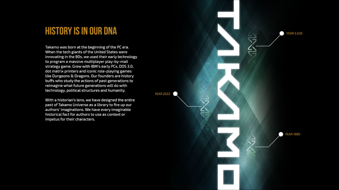 Takamo Universe website design showing brand history timeline from 1980 to 2022. Custom typography pattern and brand storytelling by MVOG Studio.