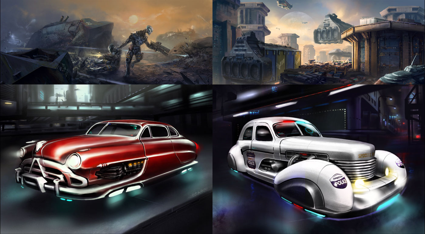 Takamo Universe world building visuals. Retro futuristic vehicles, combat characters and sci-fi city environments developed as part of the brand identity system by MVOG Studio.